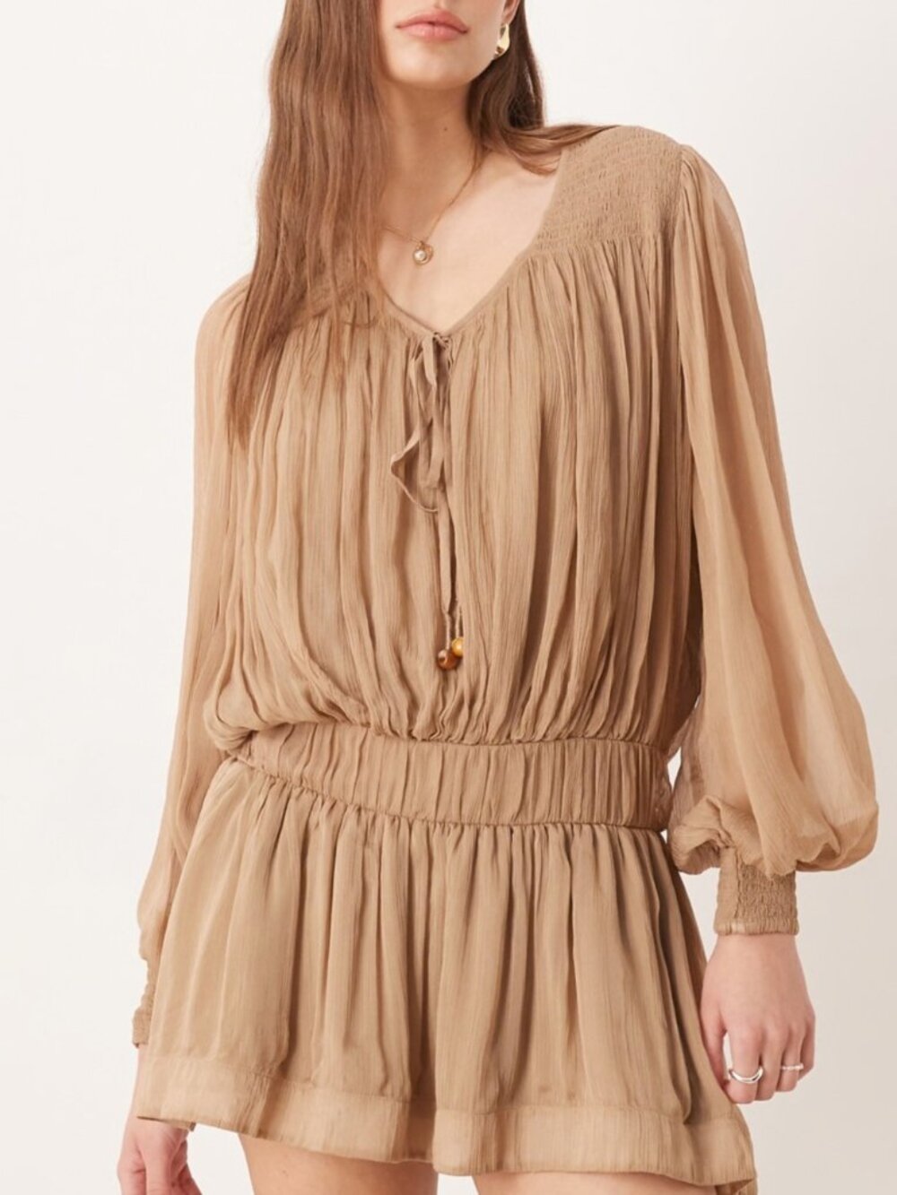 Free People Natural Sunbeam Long Sleeve Mini Dress in Tannin - Picture 3 of 10